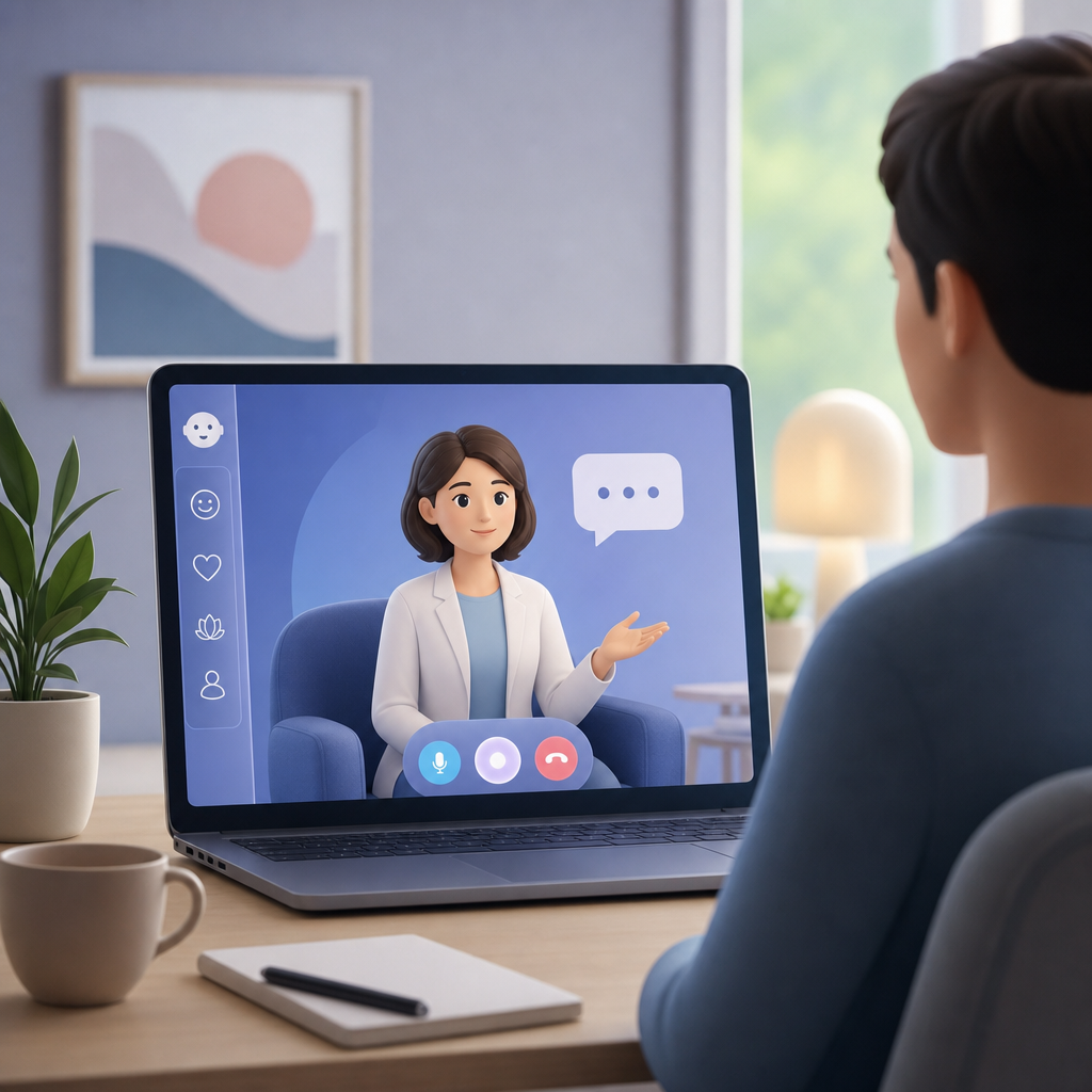 Representación de un chatbot o terapeuta virtual asistiendo a un usuario en entorno digital moderno y accesible