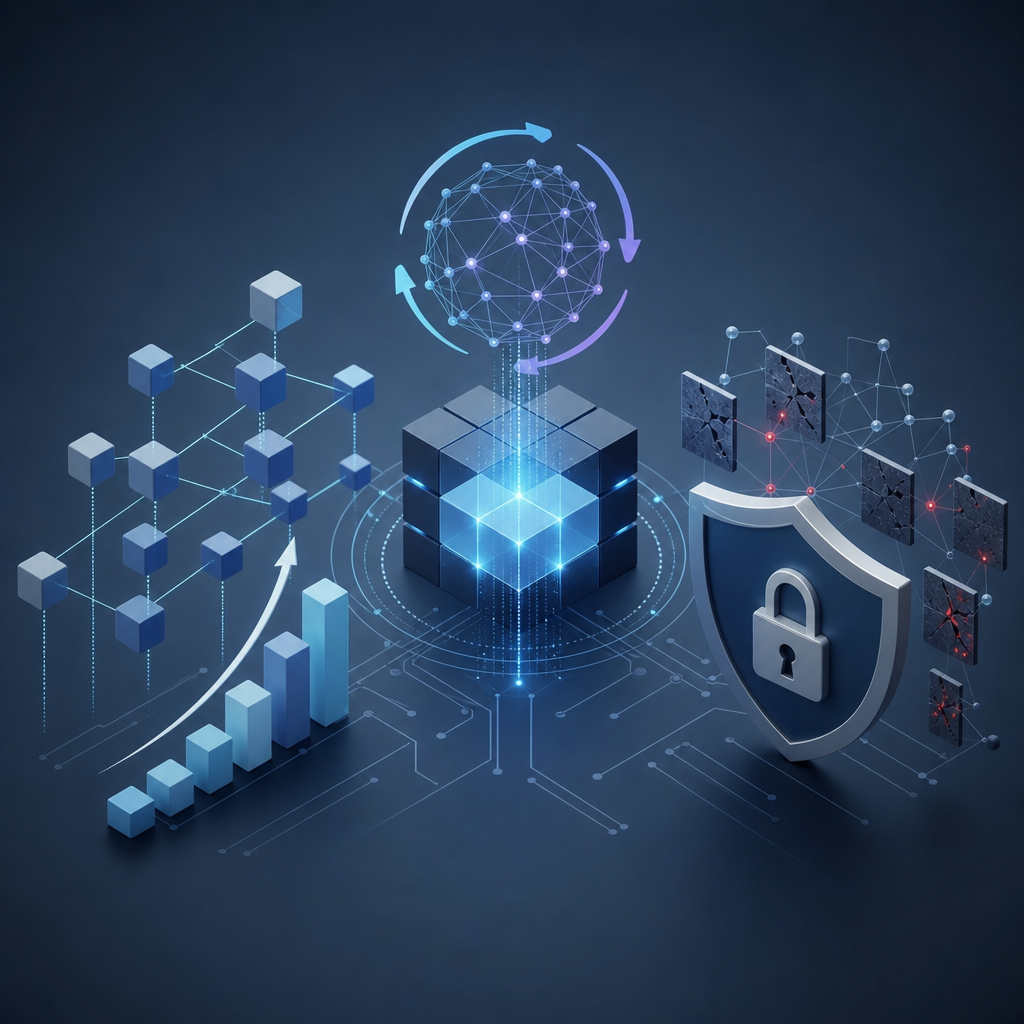Gráfico técnico sobre desafíos de escalabilidad y seguridad en algoritmos regenerativos en Blockchain