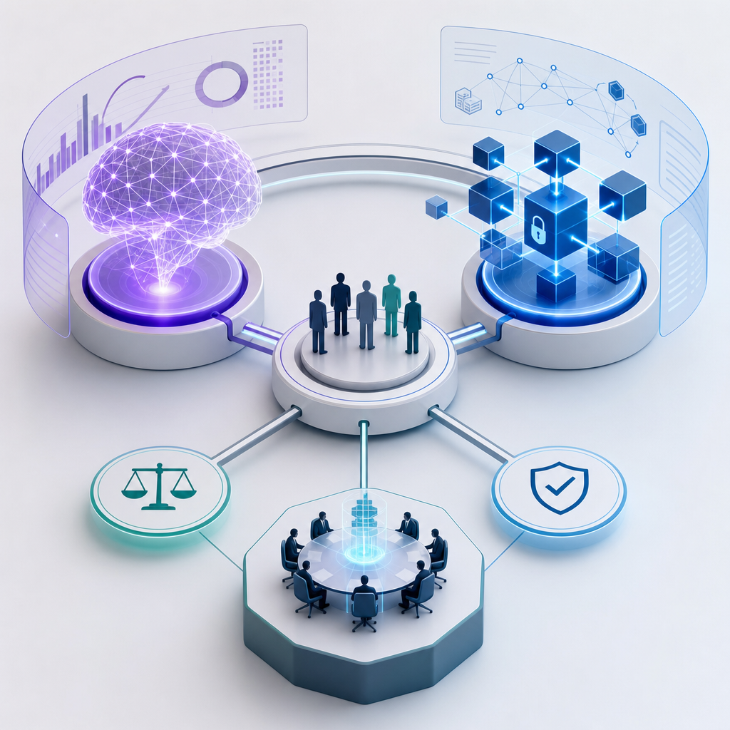 Esquema conceptual del sistema híbrido de gobernanza integrando inteligencia artificial y blockchain en decisiones estratégicas
