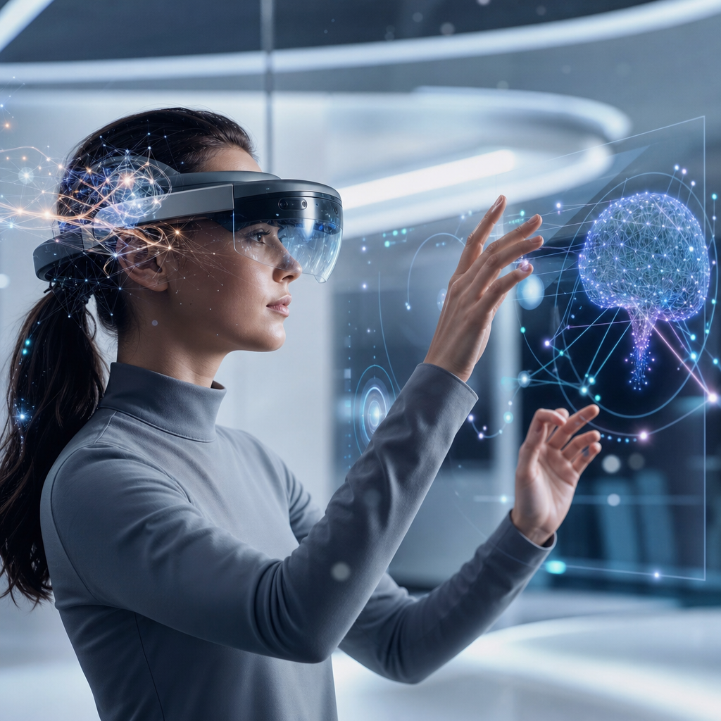Persona usando tecnología de realidad mixta, entorno futurista con integración neurosensorial en diseño editorial moderno.