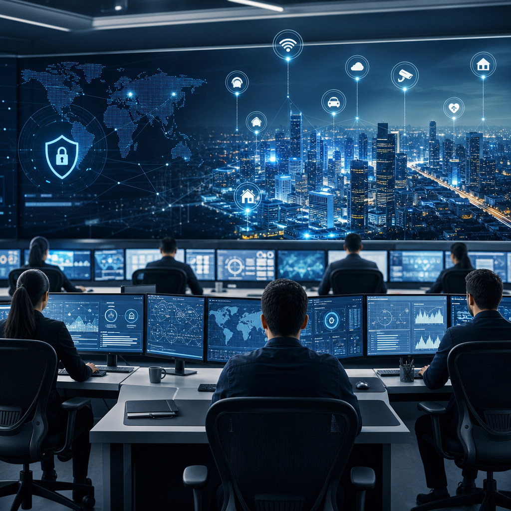 Ilustración de un centro de monitoreo de seguridad cibernética interconectado con datos de ciudades inteligentes