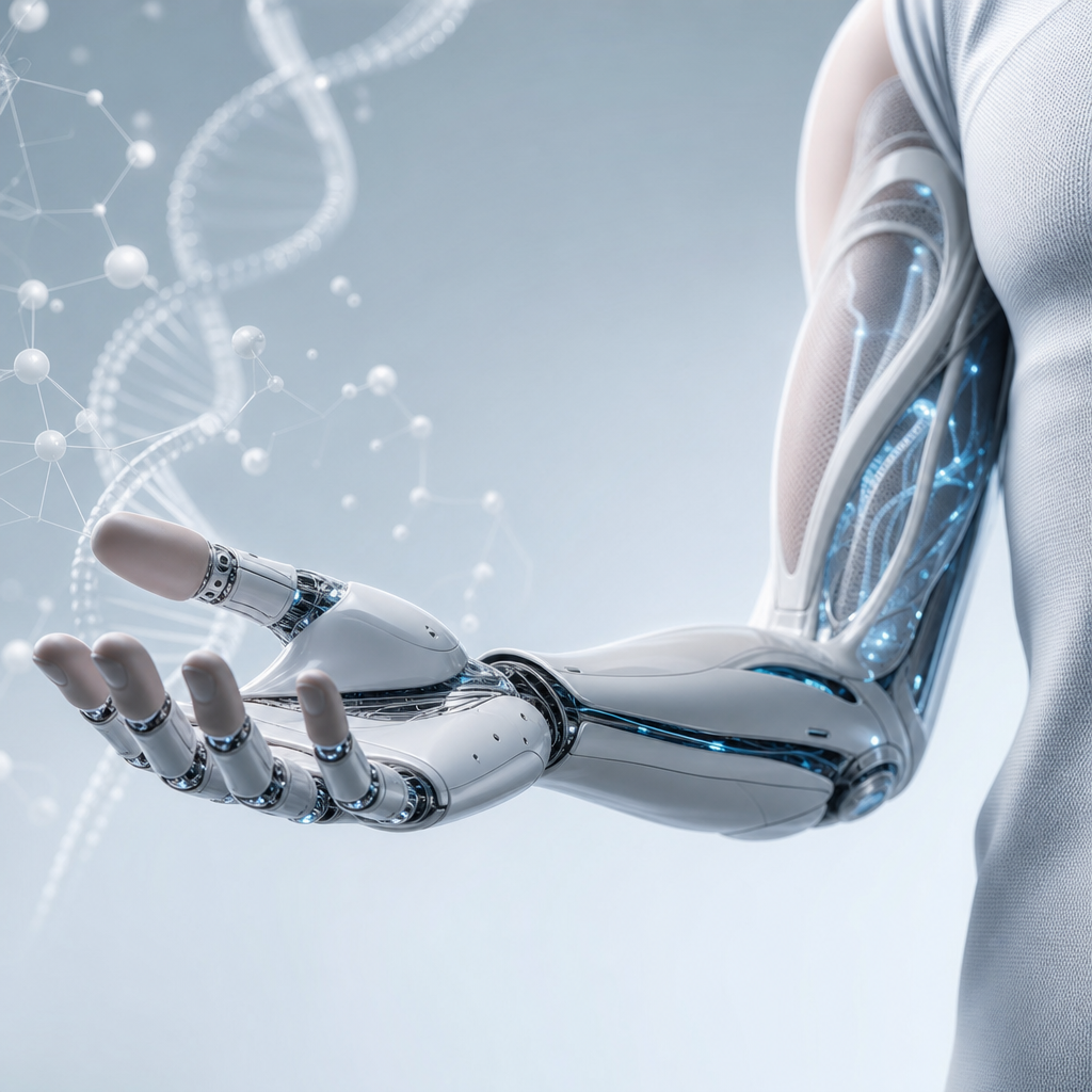 Prótesis inteligentes en medicina, mostrando la fusión entre tecnología y biología en una imagen editorial moderna