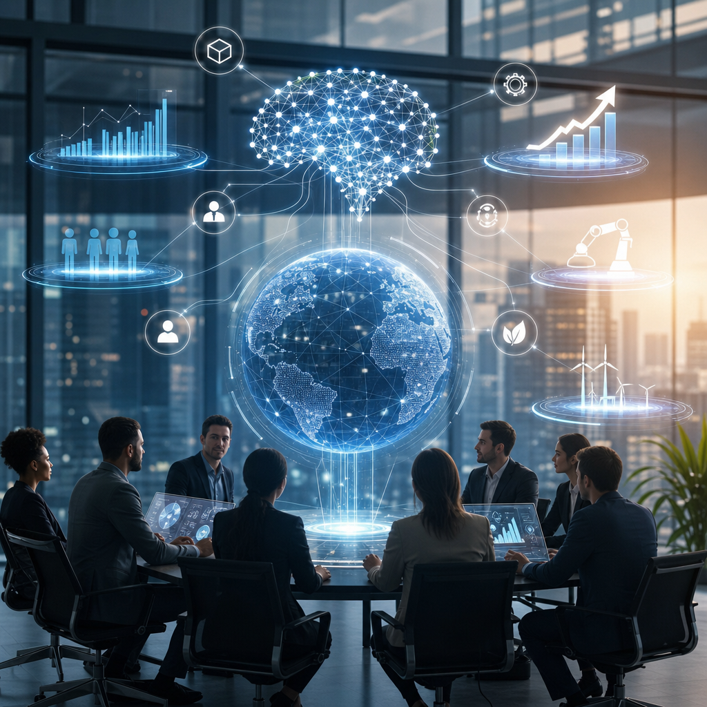 Futurismo estratégico en empresas con IA, mostrando escalabilidad e inteligencia colectiva en un contexto empresarial