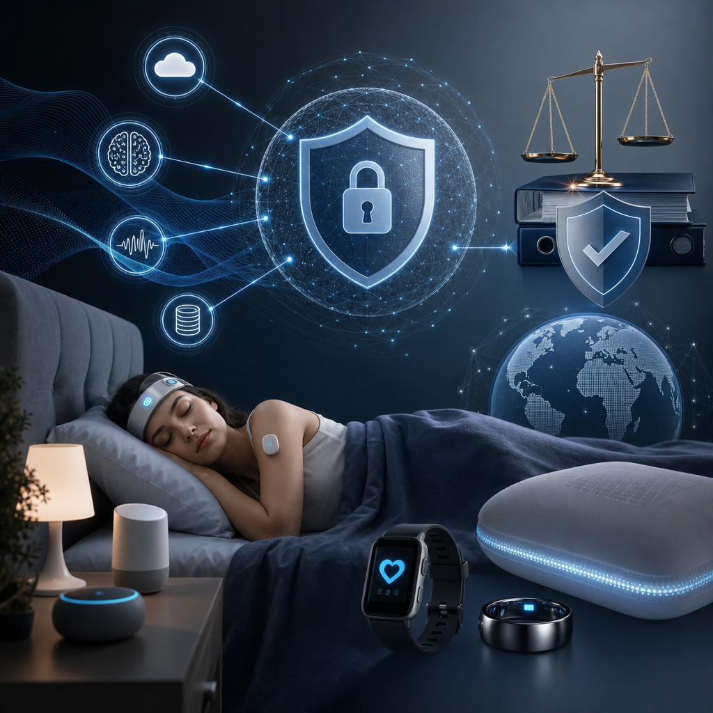 Tendencias futuras de ciberseguridad en dispositivos de sueño, mostrando innovaciones tecnológicas y regulaciones