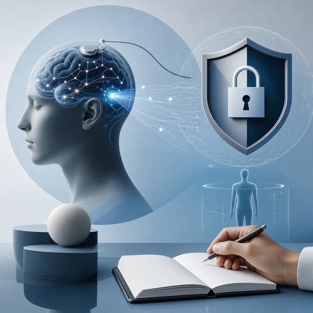 Análisis editorial sobre ética y privacidad en comunicación cerebral directa with futuristic elements