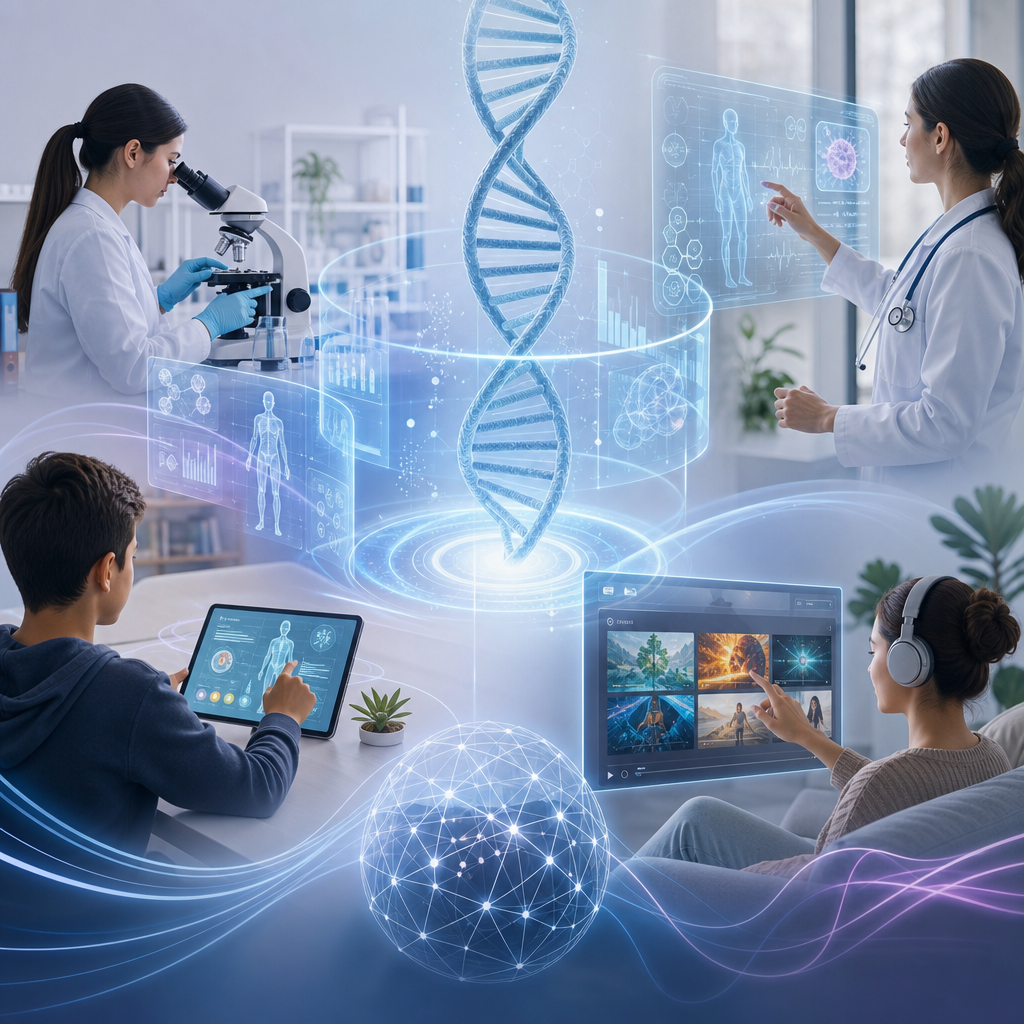 Ilustración de integración biotecnológica en salud, educación y medios digitales, mostrando interacciones avanzadas y personalizadas