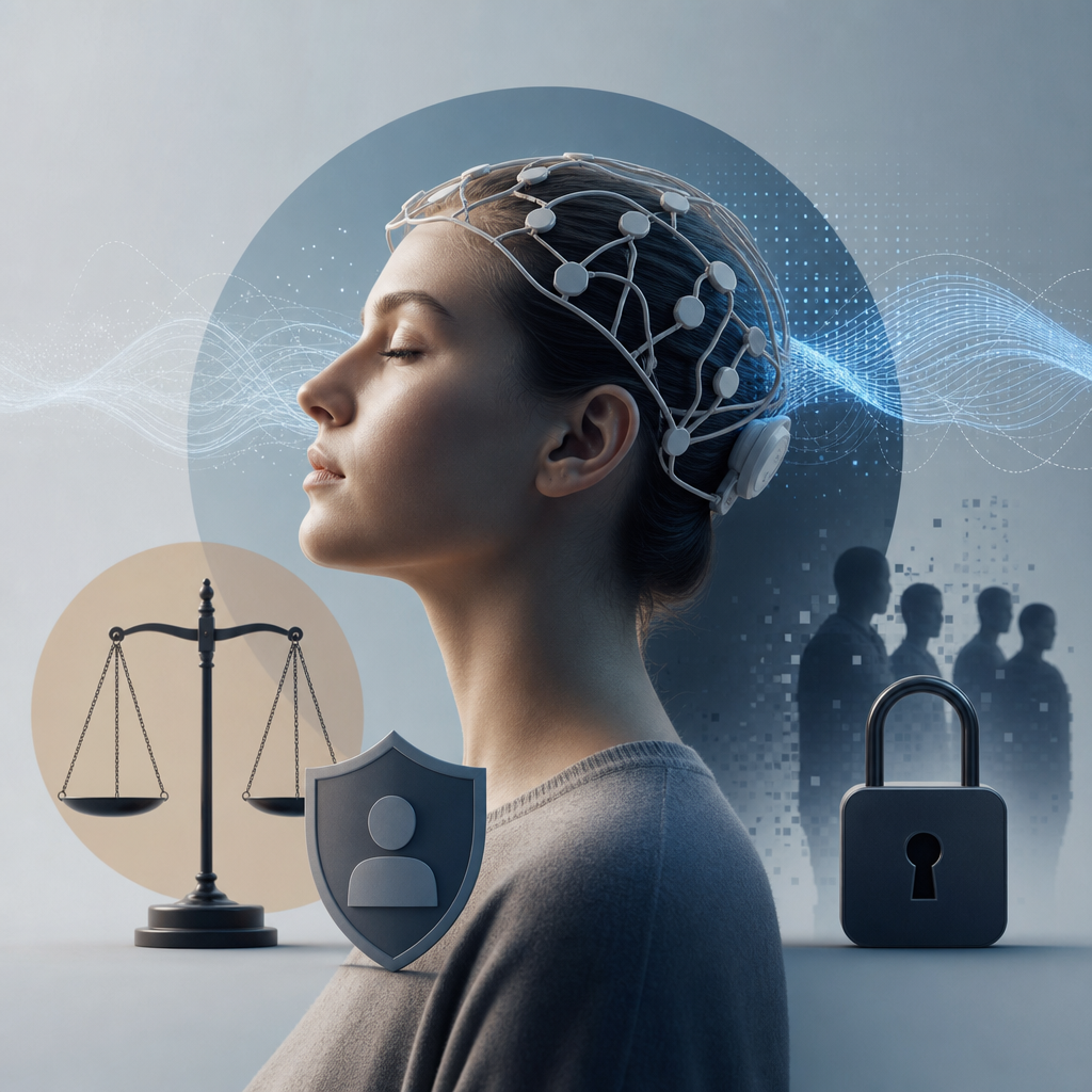 Representación moderna y editorial de desafíos y ética en tecnología de ondas neurales.