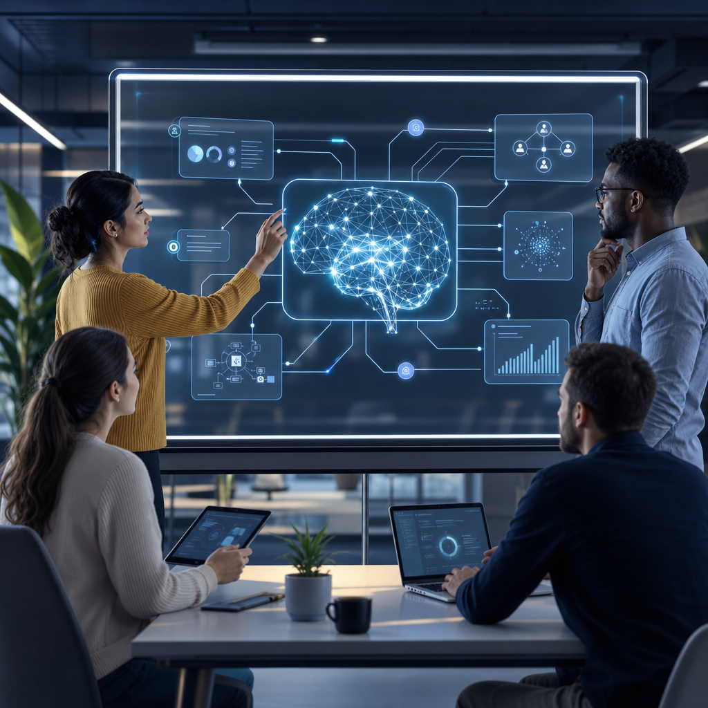 Red de equipo diverso colaborando con inteligencia artificial en una pizarra digital futurista